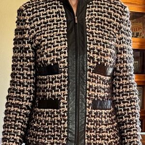 St John Knits Mahogany multi jacket with leather trim and double zipper front